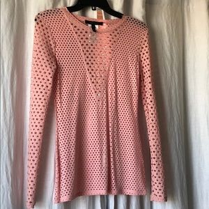 BCBG Long Sleeve Pink Mesh Cut Out Top